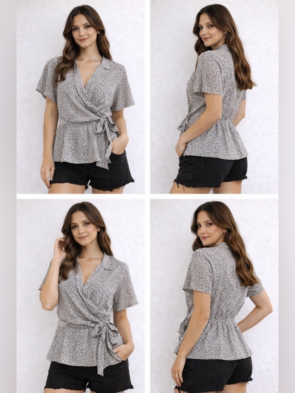 Monteau Los Angeles Wrap Medium Black Tan Print Tie Waist Flutter Sleeve Top